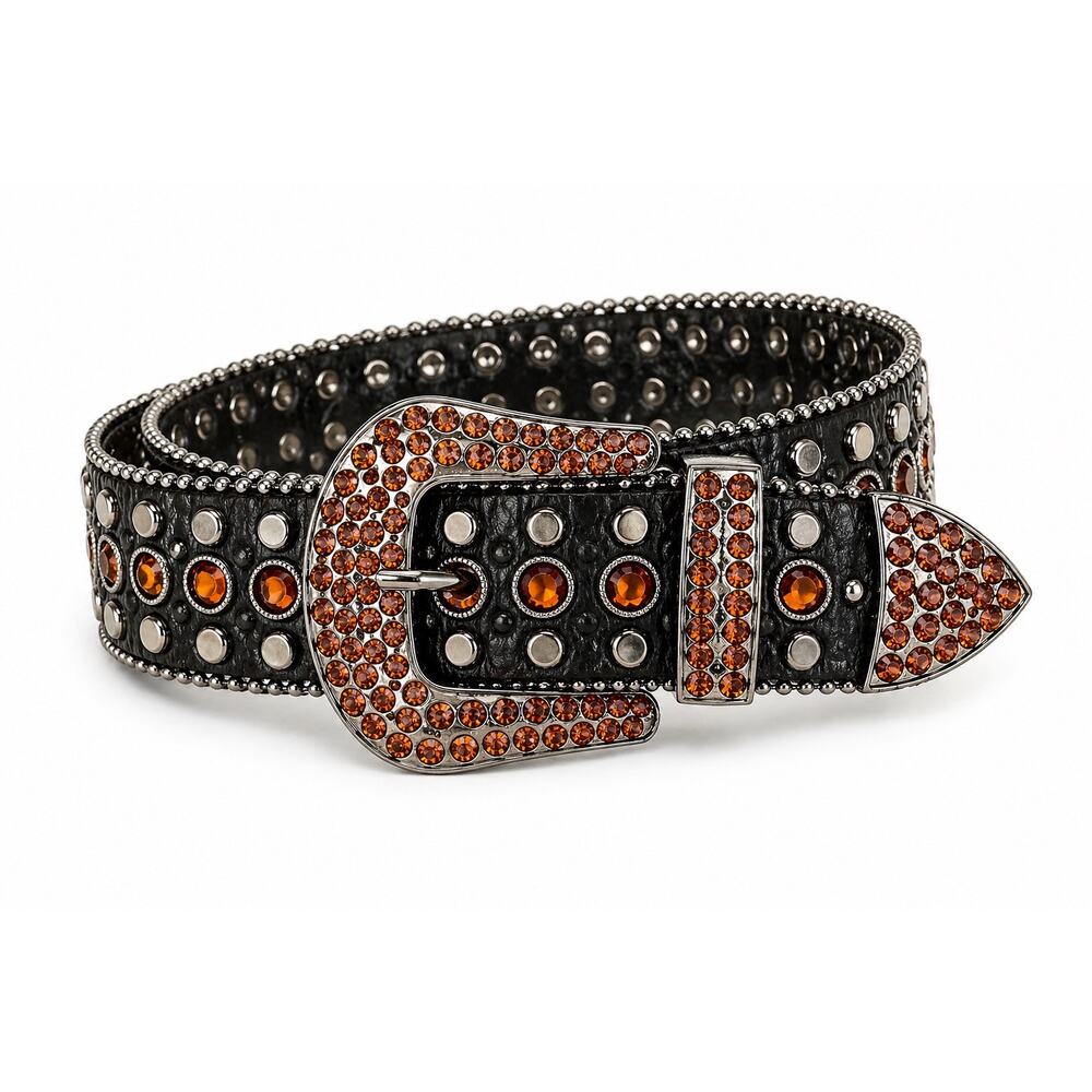 Y2K Black Leather Studded Belt w/ Amber Rhinestone Buckle Western Glam Statement